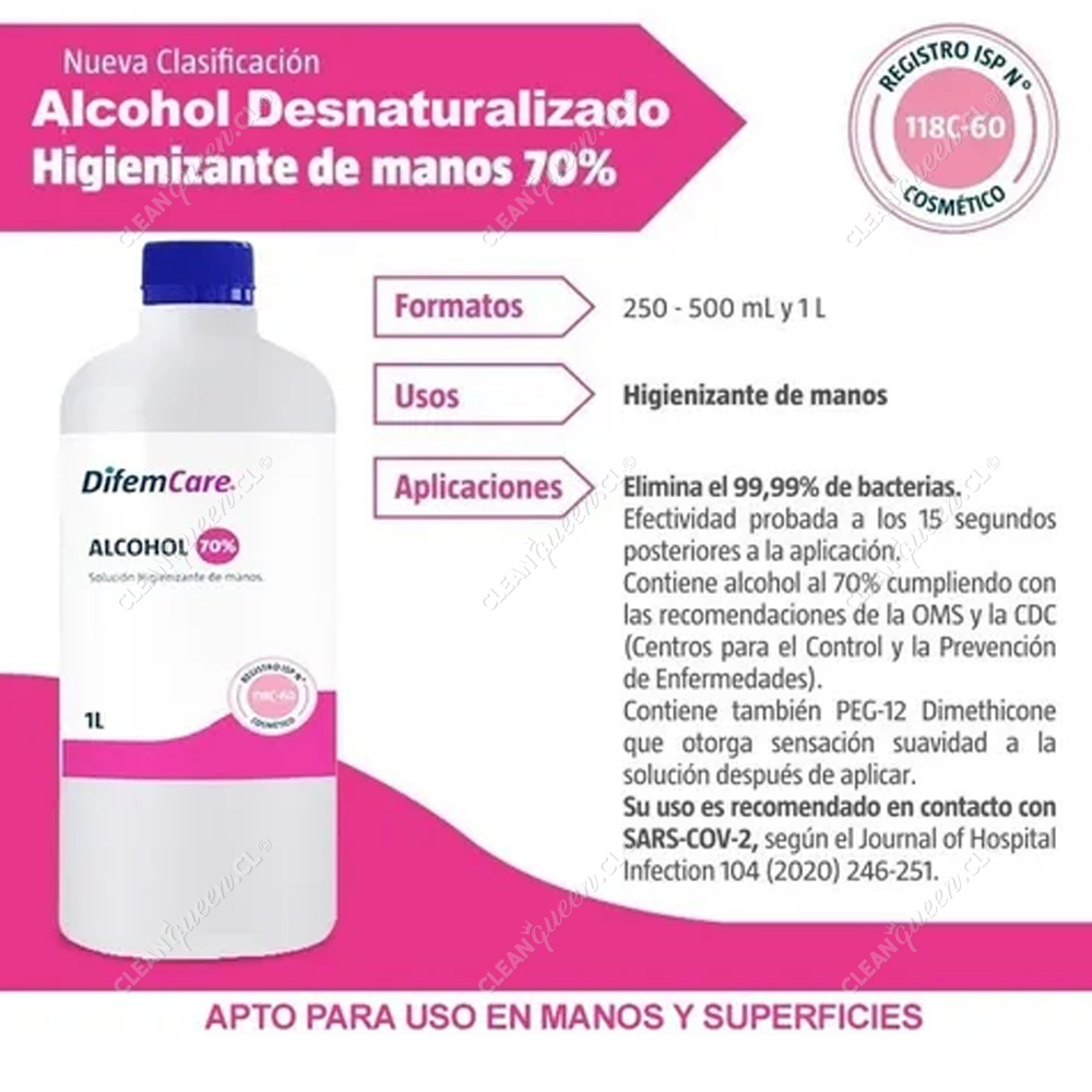 Alcohol Higienizante 70% Difem 1 L