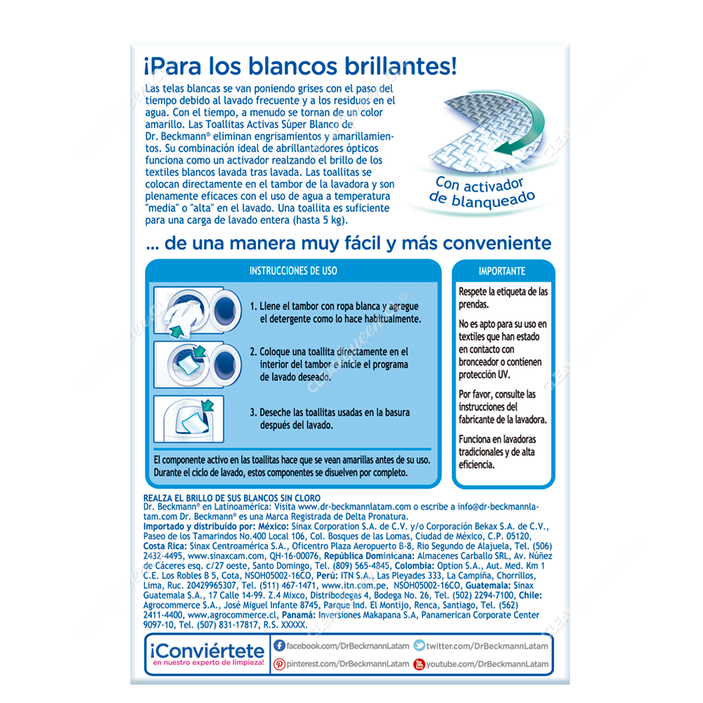 Toallitas Activas Súper Blanco Dr. Beckmann 3 x 15 Unid