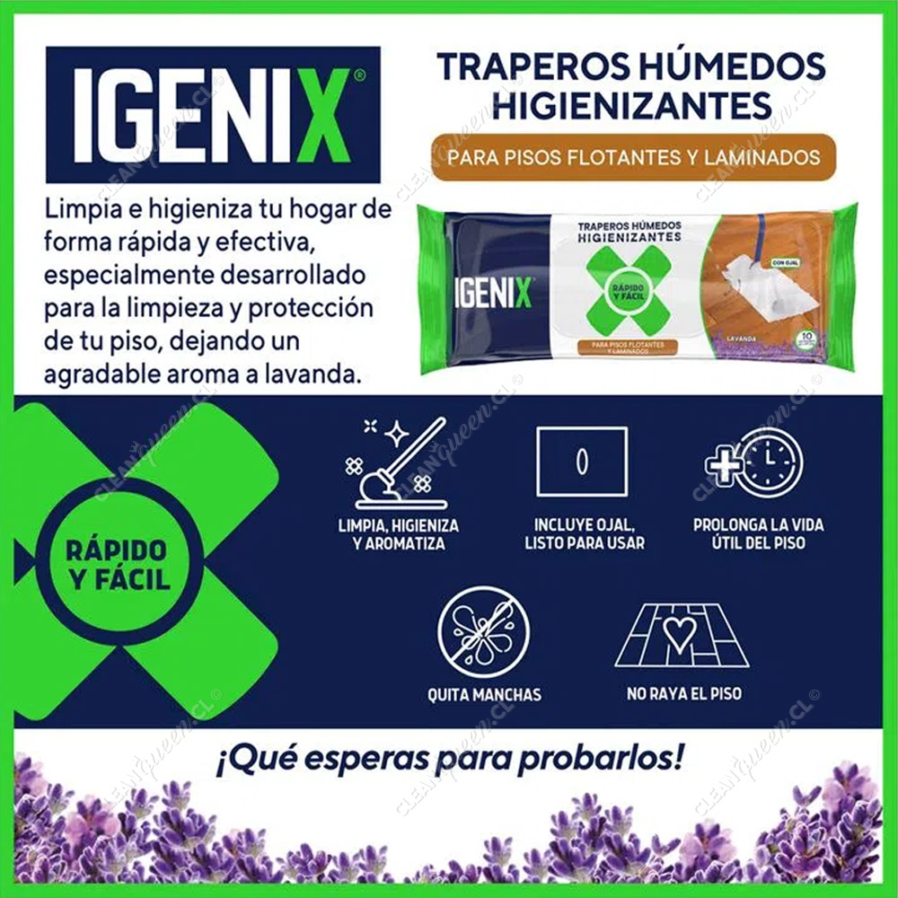 Trapero Húmedo Higienizante Con Ojal Piso Flotante Igenix Lavanda 10 Unid